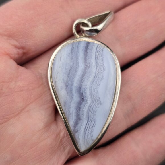 Blue Lace Agate Teardrop Pendant In 925 Sterling Silver Artisan Design 2 Inches - Picture 7 of 9